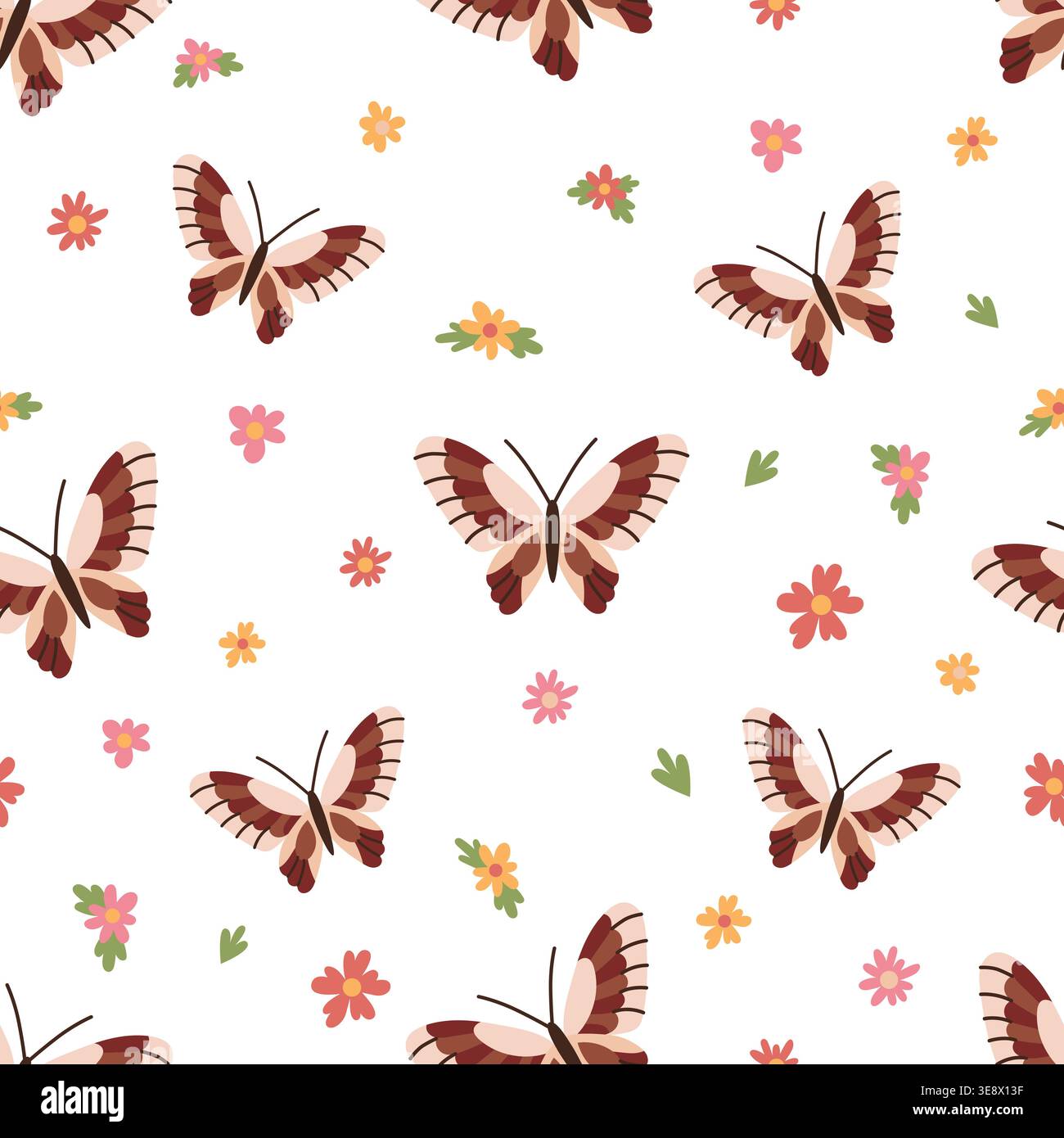 Crea un motivo con farfalle e fiori su sfondo bianco Illustrazione Vettoriale
