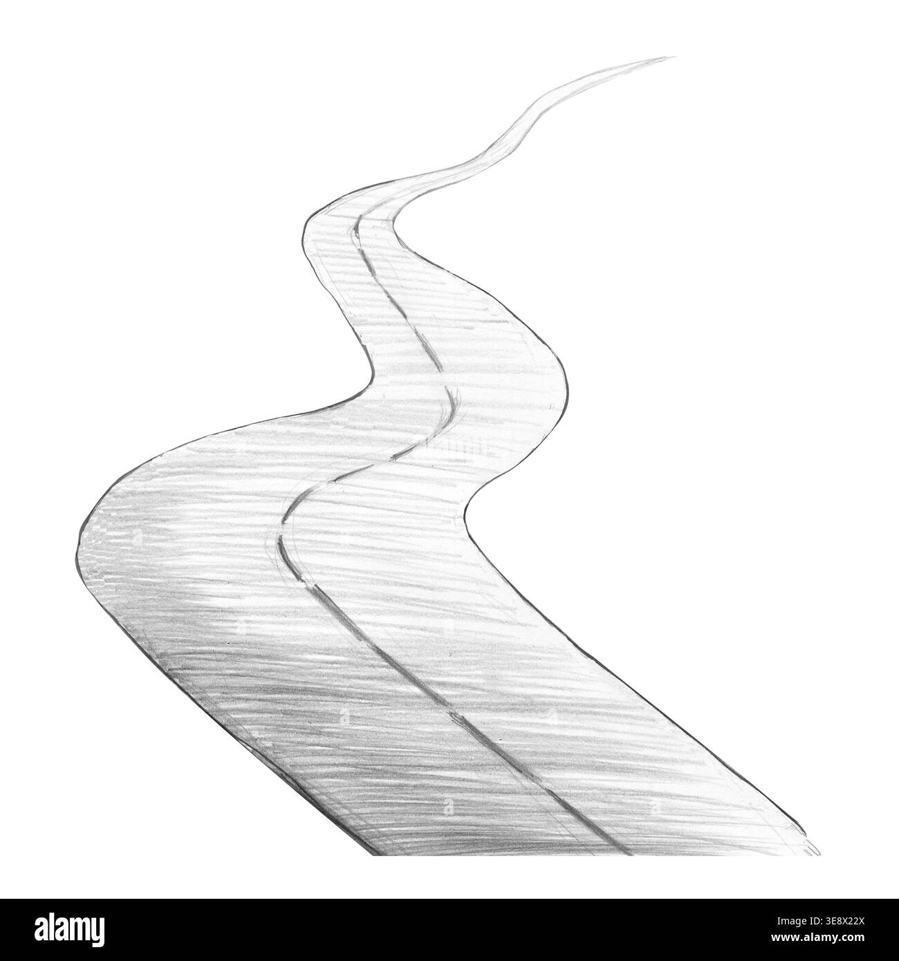 Una strada asfaltata ondulata che si estende in lontananza. Illustrazione a matita isolata per la progettazione nei settori: Informazione, turismo, navigazione, viaggi Foto Stock