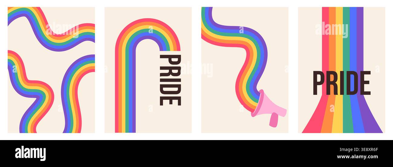 Set di poster queer Pride con onda arcobaleno retrò anni '70 e megafono. Arte murale minimalista LGBTQ Gallery, striscione verticale moderno e raffinato della metà del secolo con Illustrazione Vettoriale