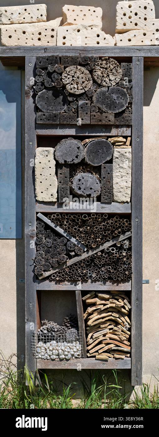 Il Wild Bee Hotel è una struttura per la biodiversità che fornisce rifugio alle api selvatiche, note anche come api solitarie, importanti insetti impollinatori. Syracuse, si Foto Stock