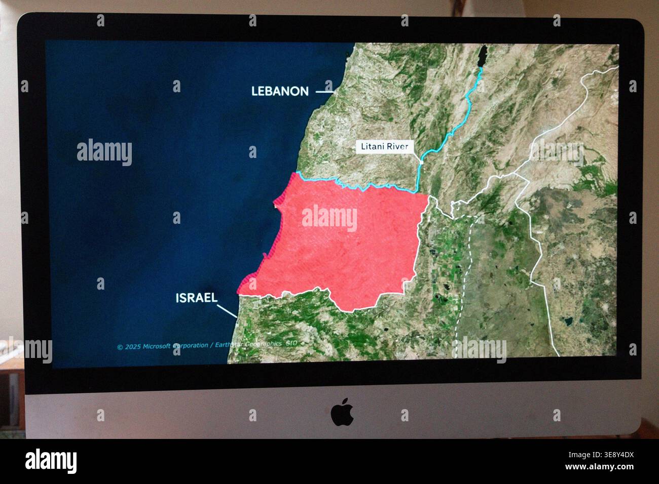 Screenshot computer screen shot Israel Libano mappa raffigurante la cosiddetta "zona cuscinetto" tra Israele e il territorio del fiume Litani durante la guerra del 2026. Foto Stock