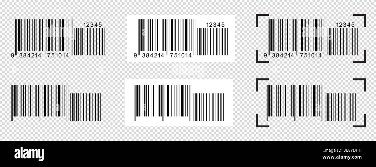 Set di etichette con codice a barre con telai dello scanner. Modelli di codice a barre isolati su sfondo trasparente. Rappresentazione digitale con il prodotto o il produttore Illustrazione Vettoriale