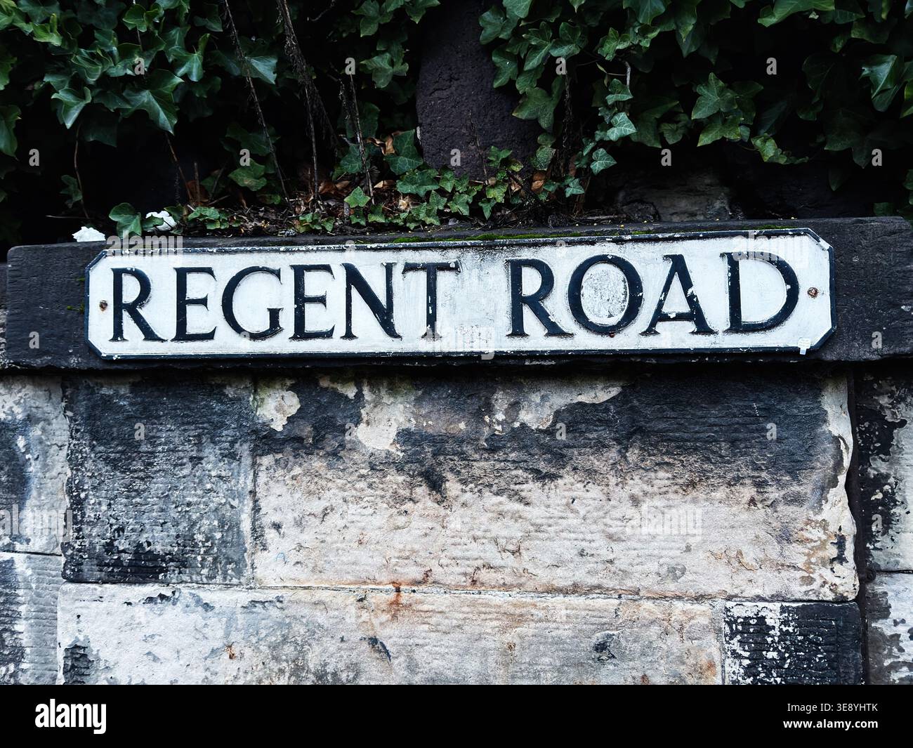 Cartello Weathered Regent Road montato su un muro di pietra testurizzata incorniciato da edera verde nella storica Edimburgo, Scozia. Foto Stock