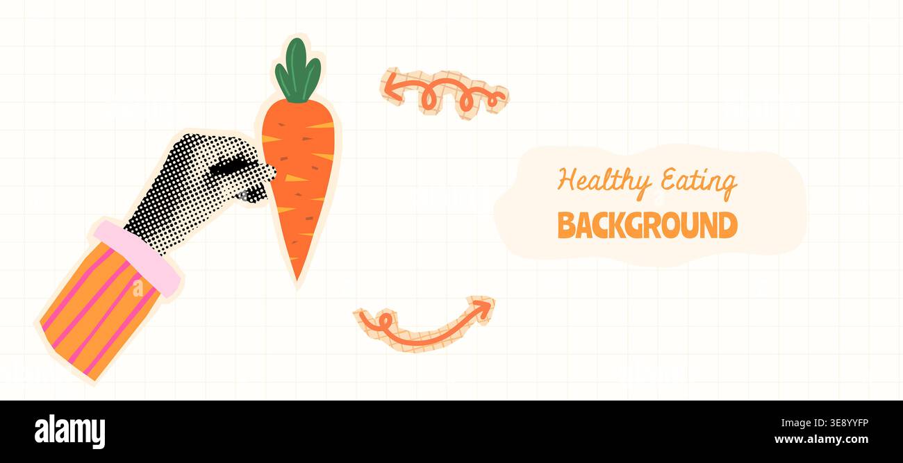 Divertente collage vettoriale con mano a mezzitoni che regge una carota, design carino con spazio per le copie per striscioni e imballaggi per alimenti Illustrazione Vettoriale