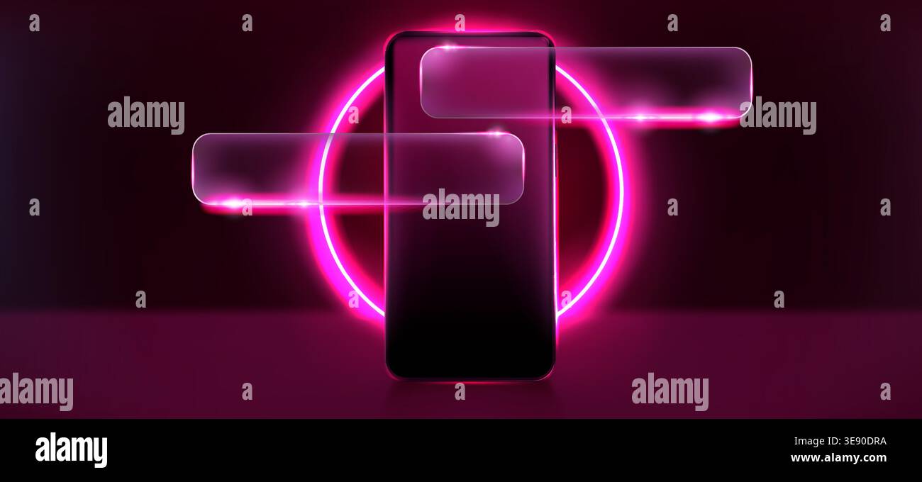Smartphone moderno e messaggi morfistici in vetro con bolle su sfondo scuro e luce rosa al neon. Illustrazione vettoriale realistica, mockup gadget con schermo vuoto, display del prodotto con cornici trasparenti Illustrazione Vettoriale