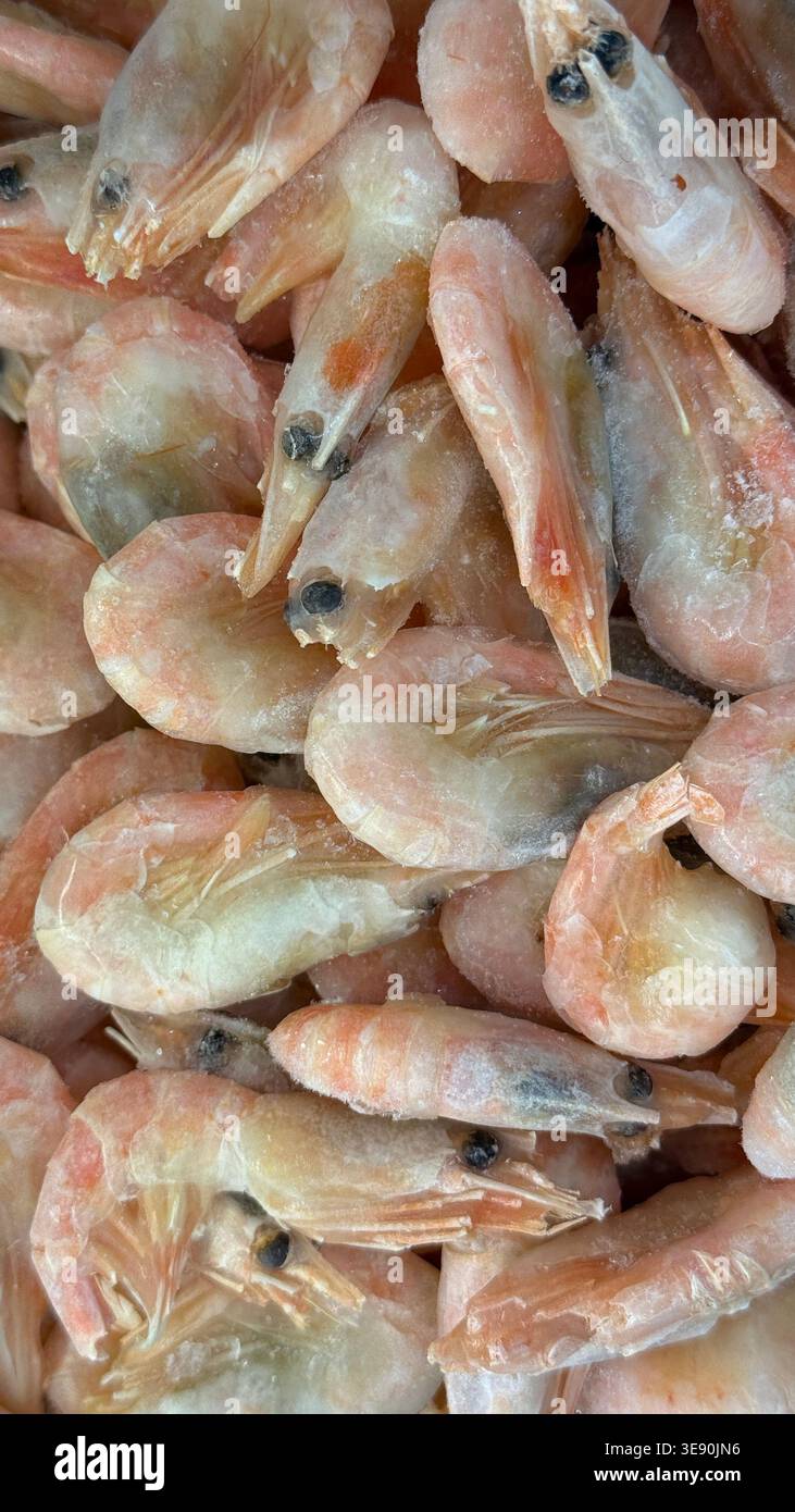 Sfondo di gamberi congelati con consistenza di pesce ravvicinata che presenta dettagli ghiacciati e sfumature rosa. Foto mobile Foto Stock