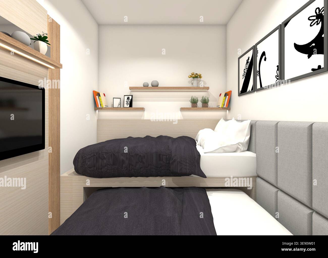 Interni minimalisti in stile semi-giapponese della camera da letto per bambini con mobili in legno chiaro e dettagli imbottiti grigi. Foto Stock