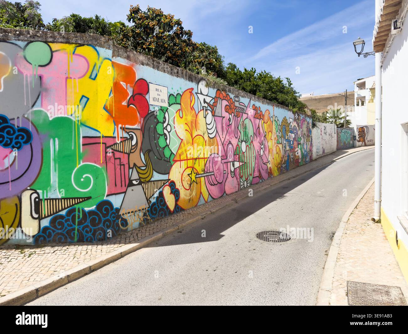 Arte di strada e muratura di graffiti su Rua da Atalaia nella città di Lagos Algarve in Portogallo Foto Stock