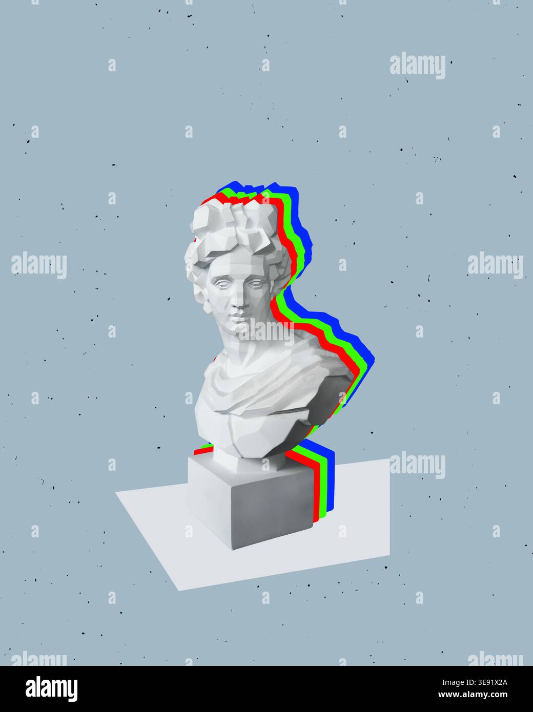 Bassa struttura in polietilene, statua greca, stile neurale, sfondo in stile rete. Foto Stock