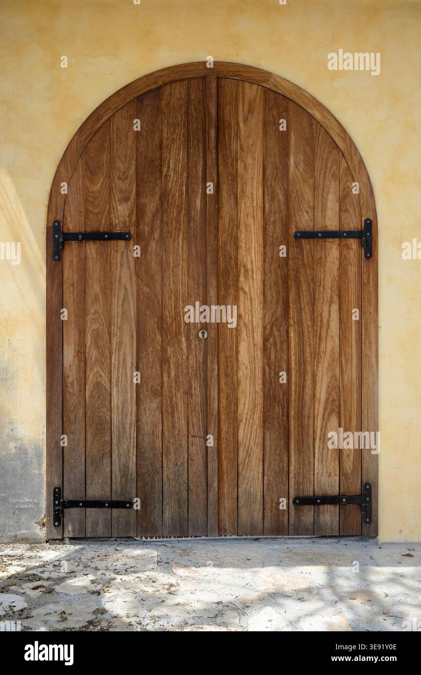 Doppia porta ad arco in legno con assi verticali e cerniere in ferro incastonate in una parete in stucco, che mostra una struttura resistente agli agenti atmosferici e dettagli architettonici rustici. Foto Stock