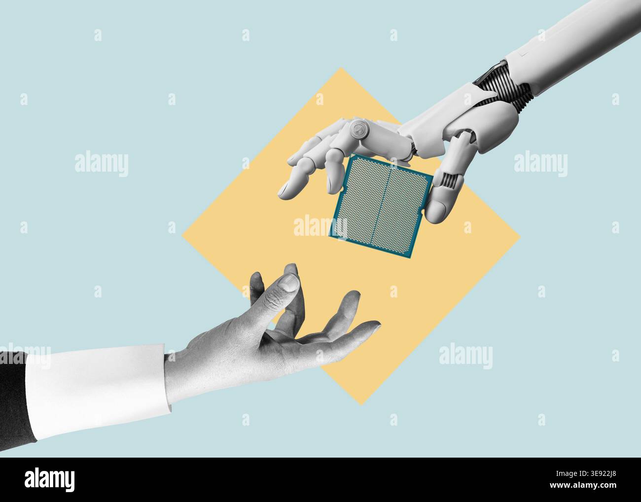 La mano robotica cyborg bianca tiene una cpu costosa nel dito e fornisce questa tecnologia alle persone, rendendo isolato su sfondo libero. Foto Stock