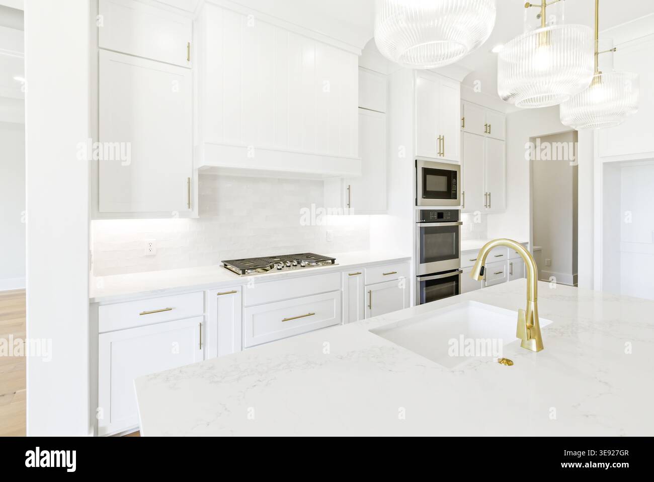 Cucina dal design minimalista con armadietti bianchi, forno incorporato e finiture moderne e pulite. Foto Stock