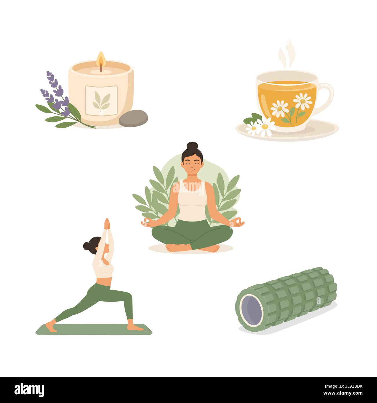 Set di aromaterapia e benessere con pose yoga tè di camomilla a candela Illustrazione Vettoriale