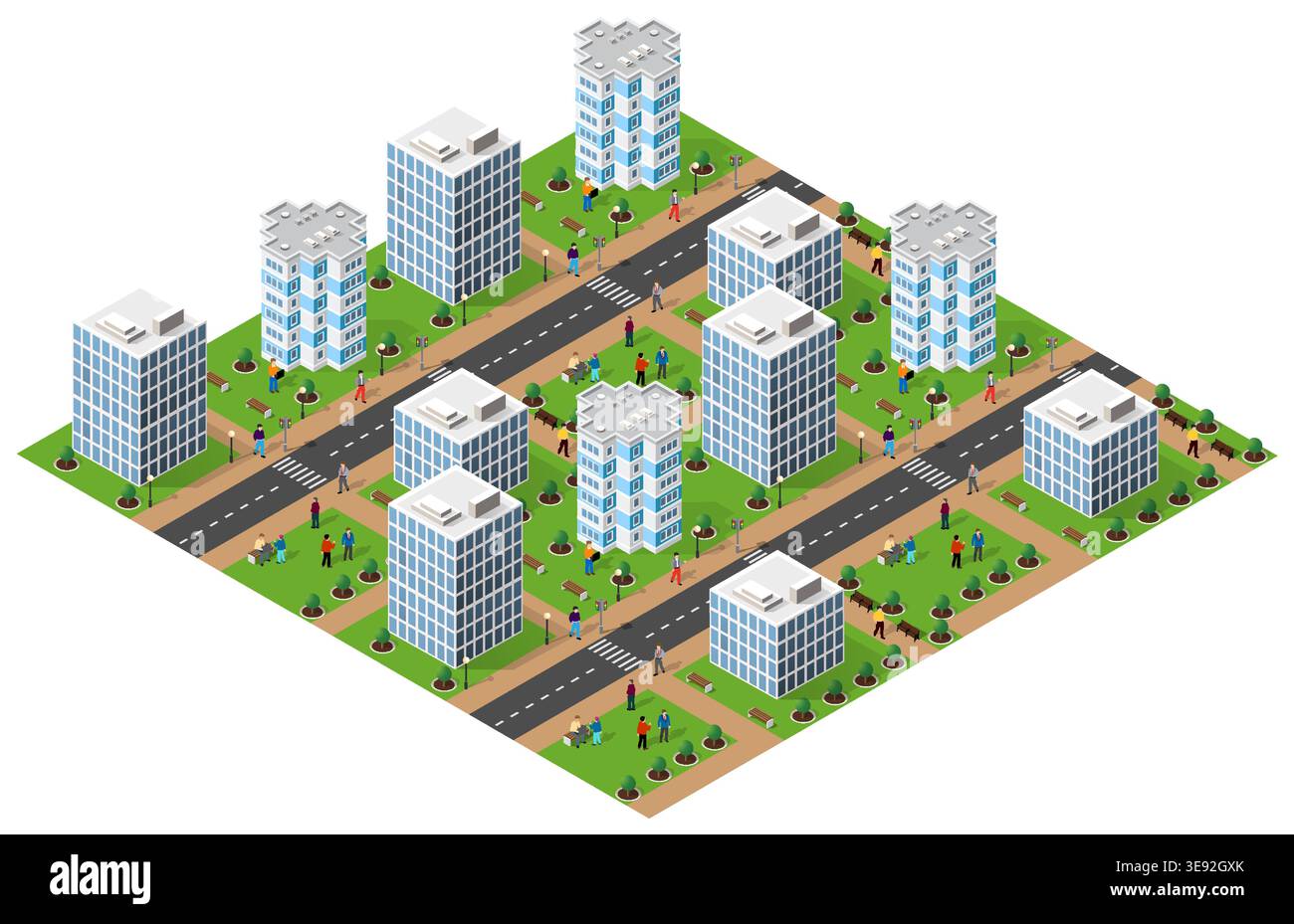 Moderna città isometrica con persone che camminano e si rilassano in un parco Illustrazione Vettoriale