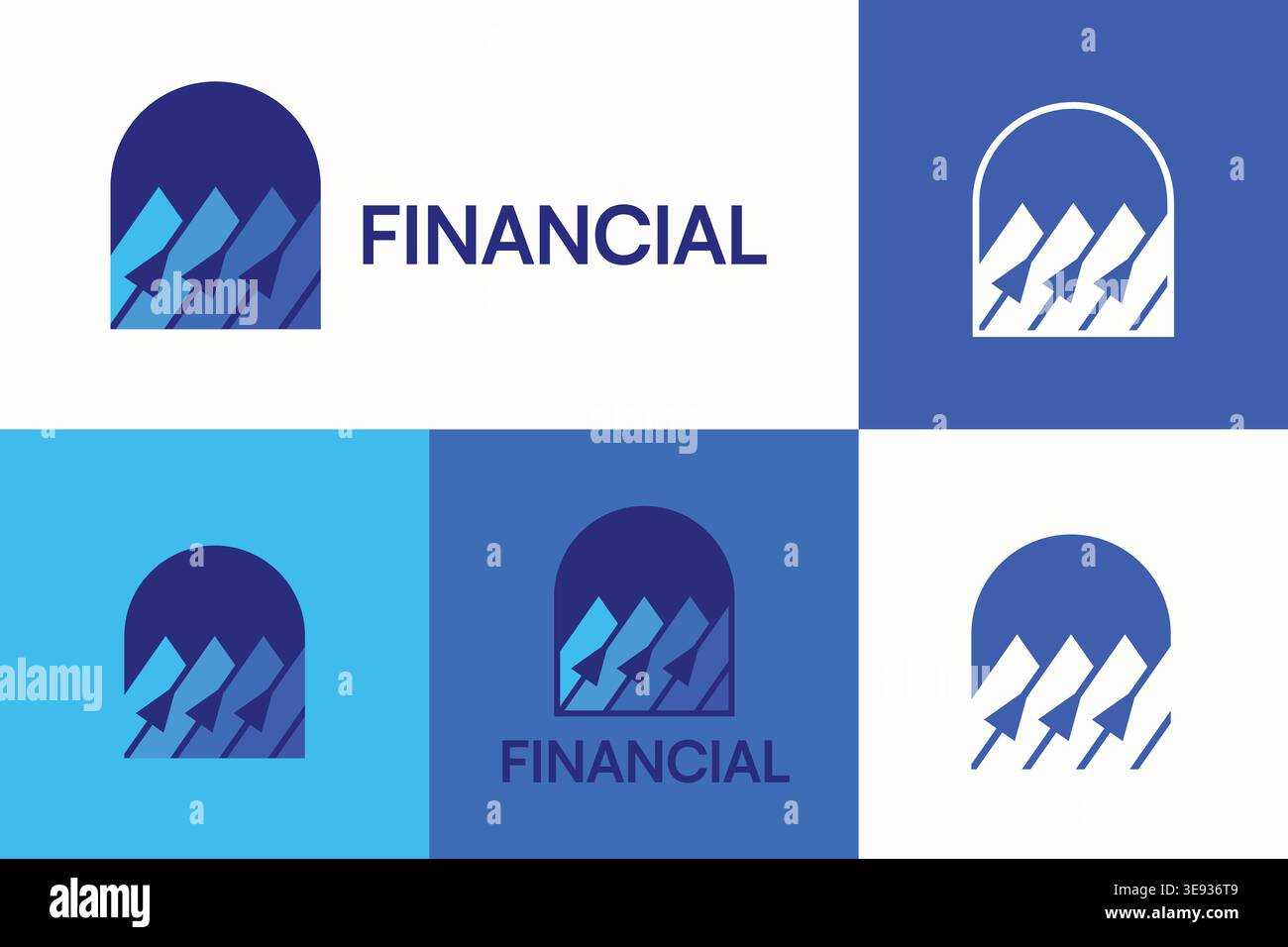 Logo finanziario con arco e frecce verso l'alto in tonalità blu. Simboleggia crescita, progresso e stabilità, perfetto per il branding in finanza e investimenti Illustrazione Vettoriale