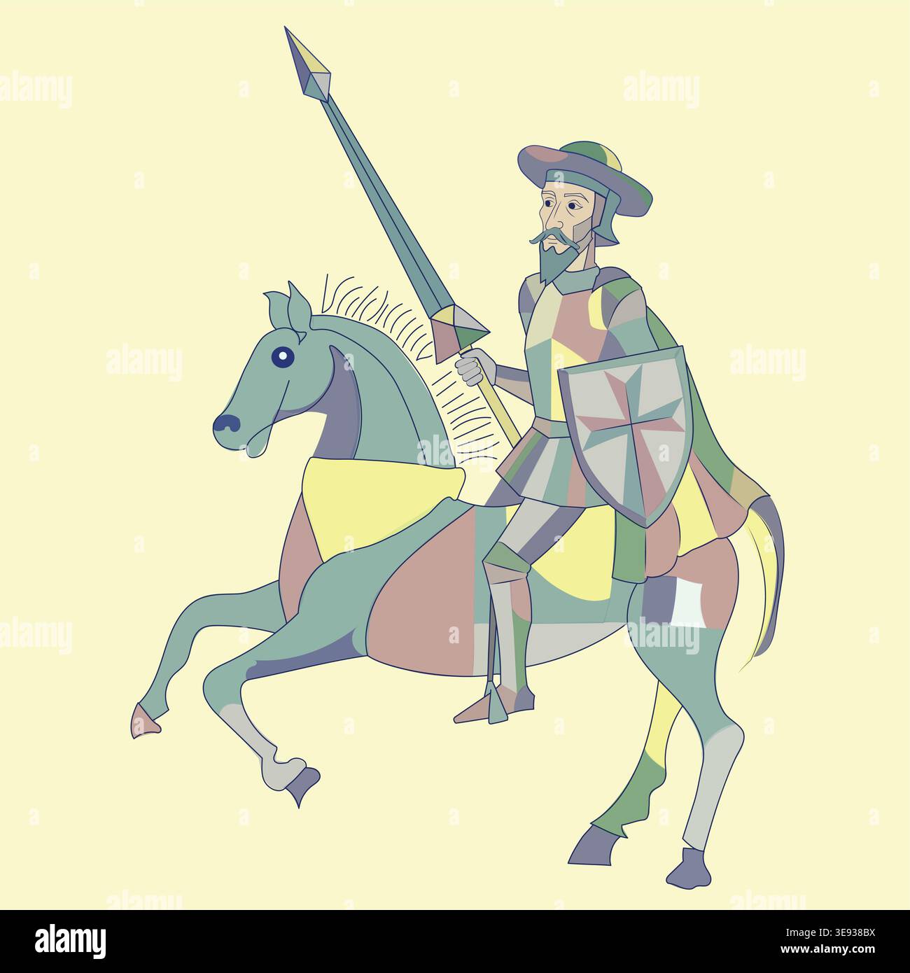 Interpretazione cubista di Don Chisciotte a cavallo – illustrazione astratta di belle arti equestre. Illustrazione Vettoriale