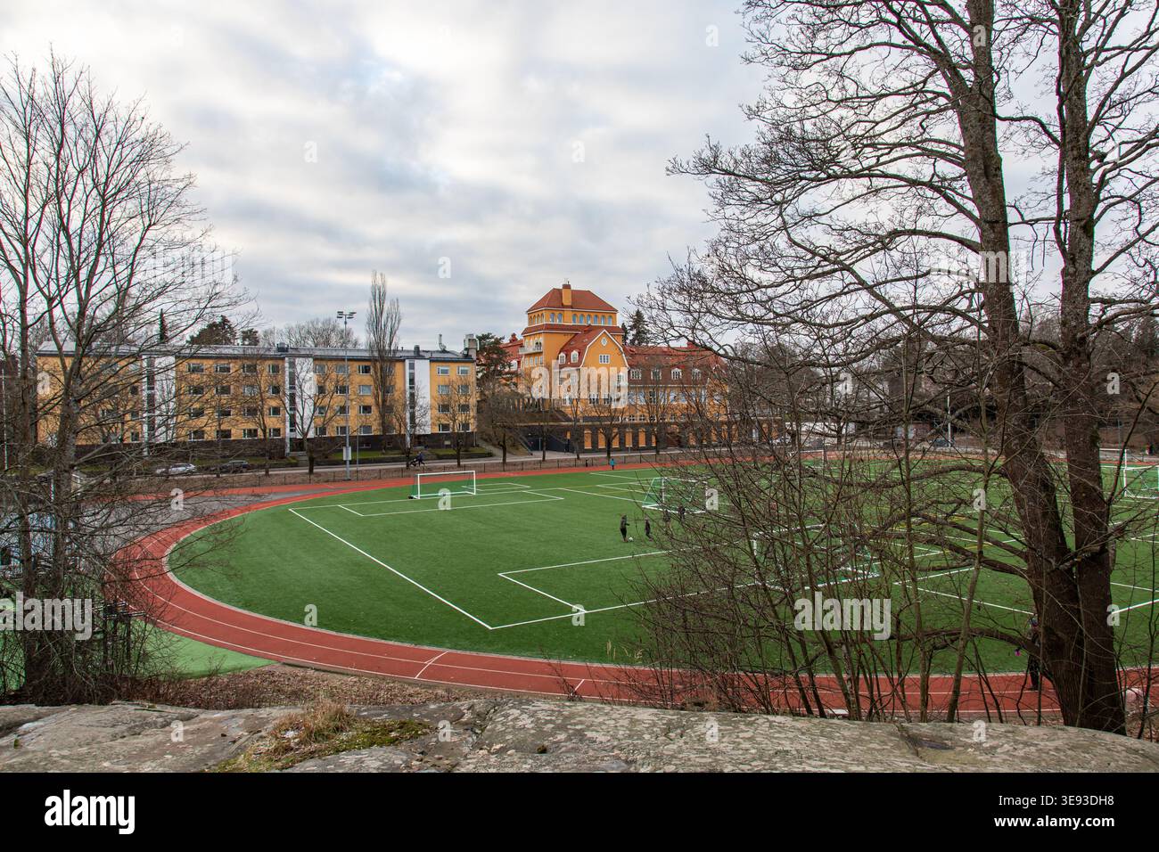 Munkkiniemenkenttä in un giorno nuvoloso di dicembre nel distretto Munkkiniemi di Helsinki, Finlandia Foto Stock