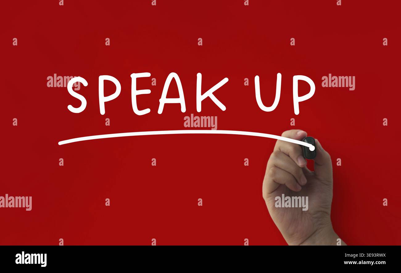 Pronunciare il testo su sfondo rosso della copertina. Concetto di business Foto Stock