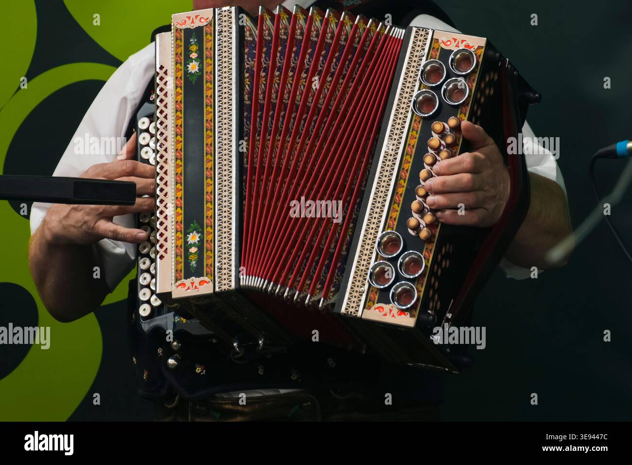 Persona che suona una fisarmonica decorata con motivi colorati e motivi floreali, catturando lo spirito della musica folk austriaca. Foto Stock