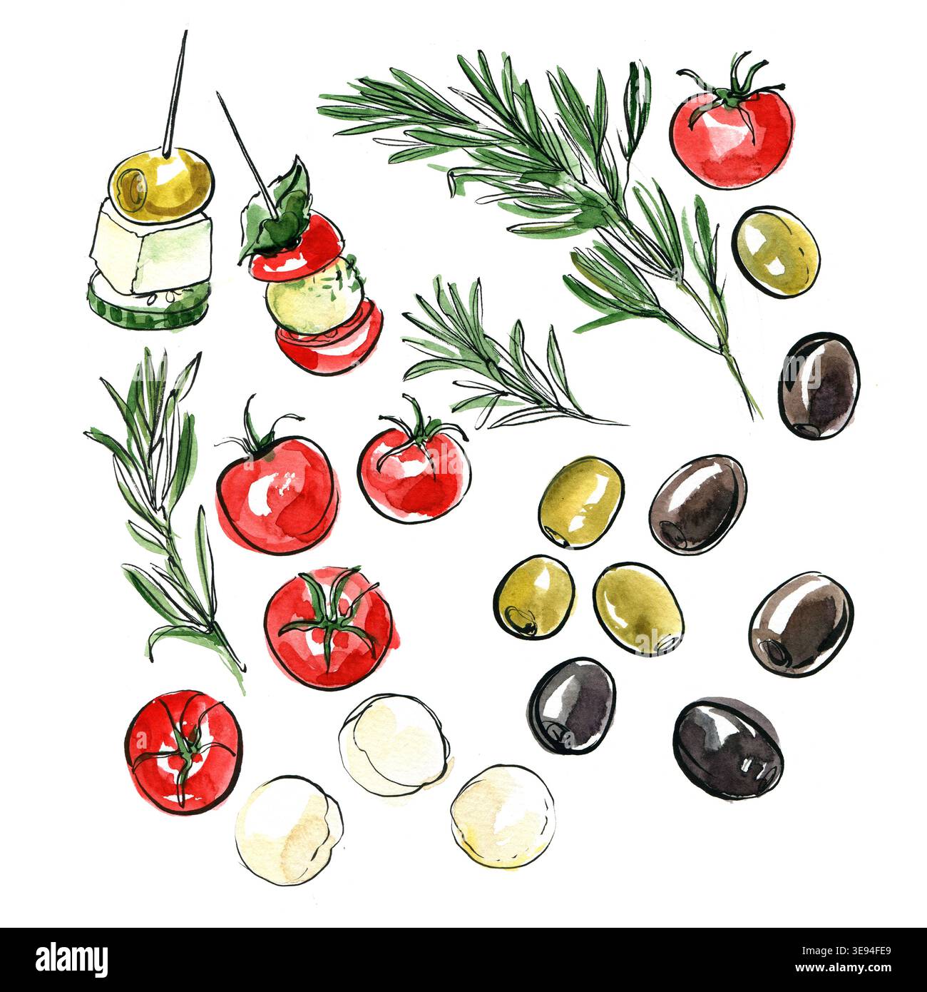 Cibo italiano dipinto ad acquerello su sfondo bianco. Inchiostro a colori per schizzi. Pomodori, marasmus, olive verdi, olive nere, mozzarella, tartine. Foto Stock