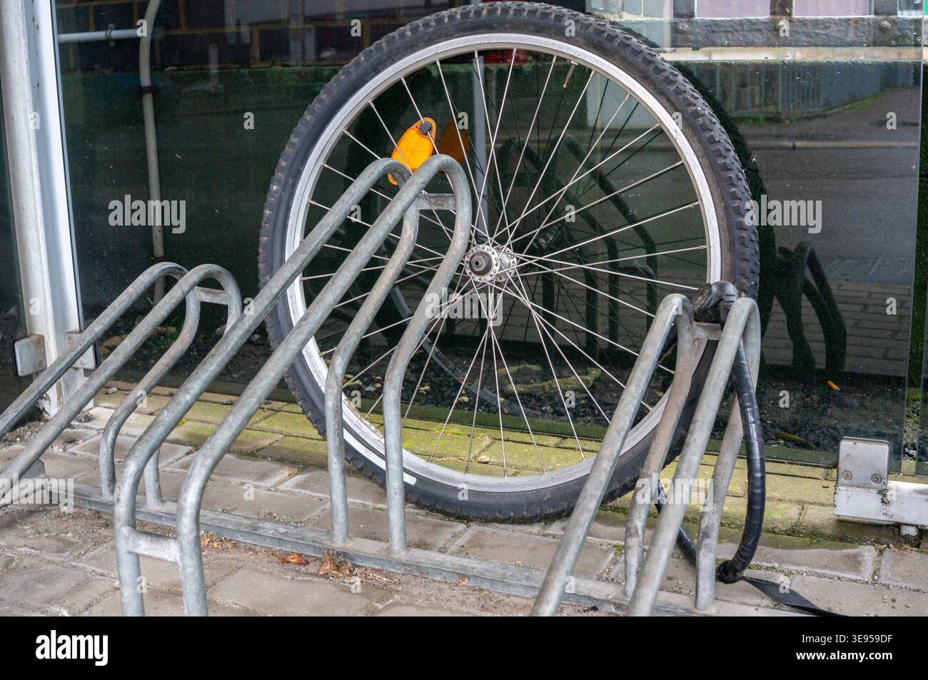 Ruota anteriore di una bicicletta con lucchetto simbolicamente dopo che una bicicletta è stata rubata Foto Stock