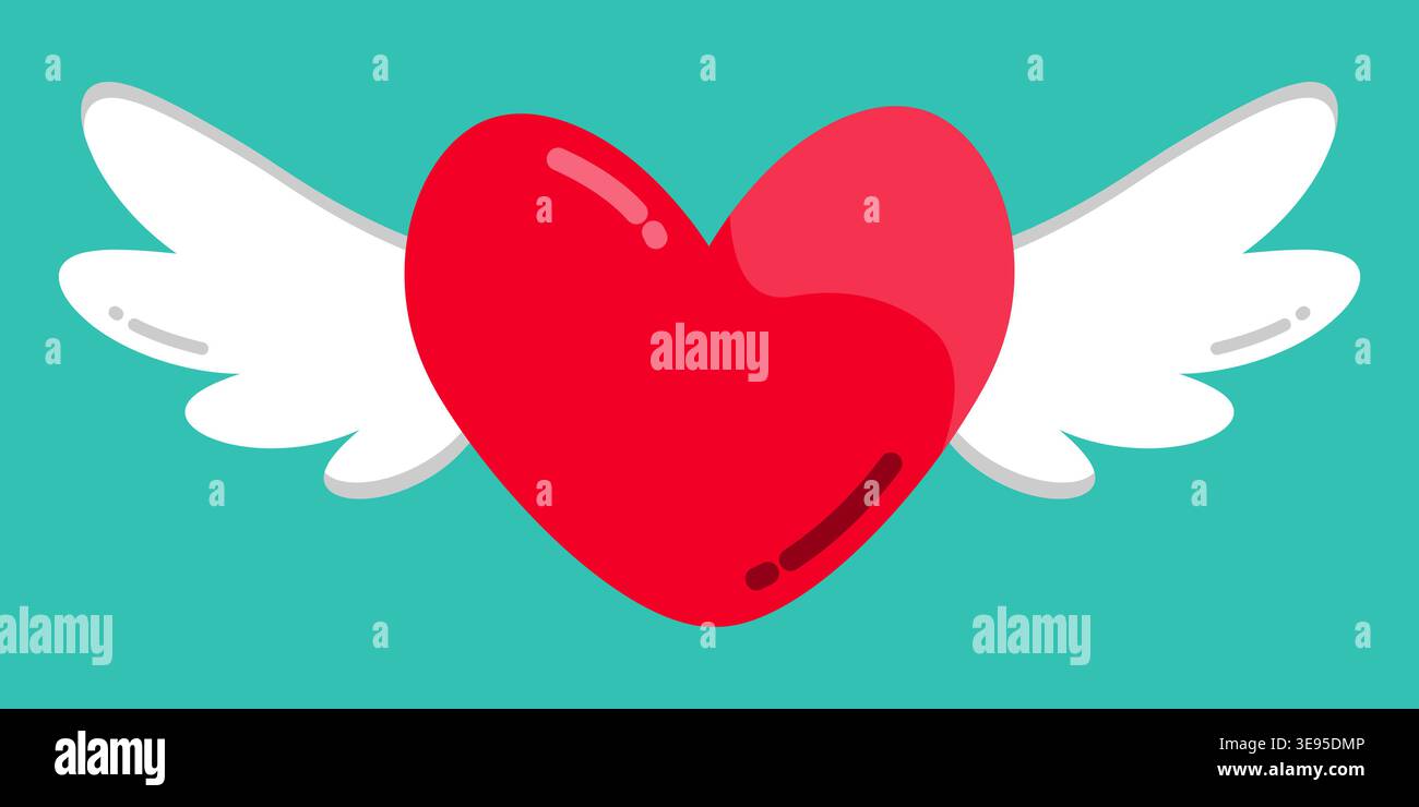 Romantico cuore d'amore rosso con Un paio di elementi di design ad ali Illustrazione Vettoriale