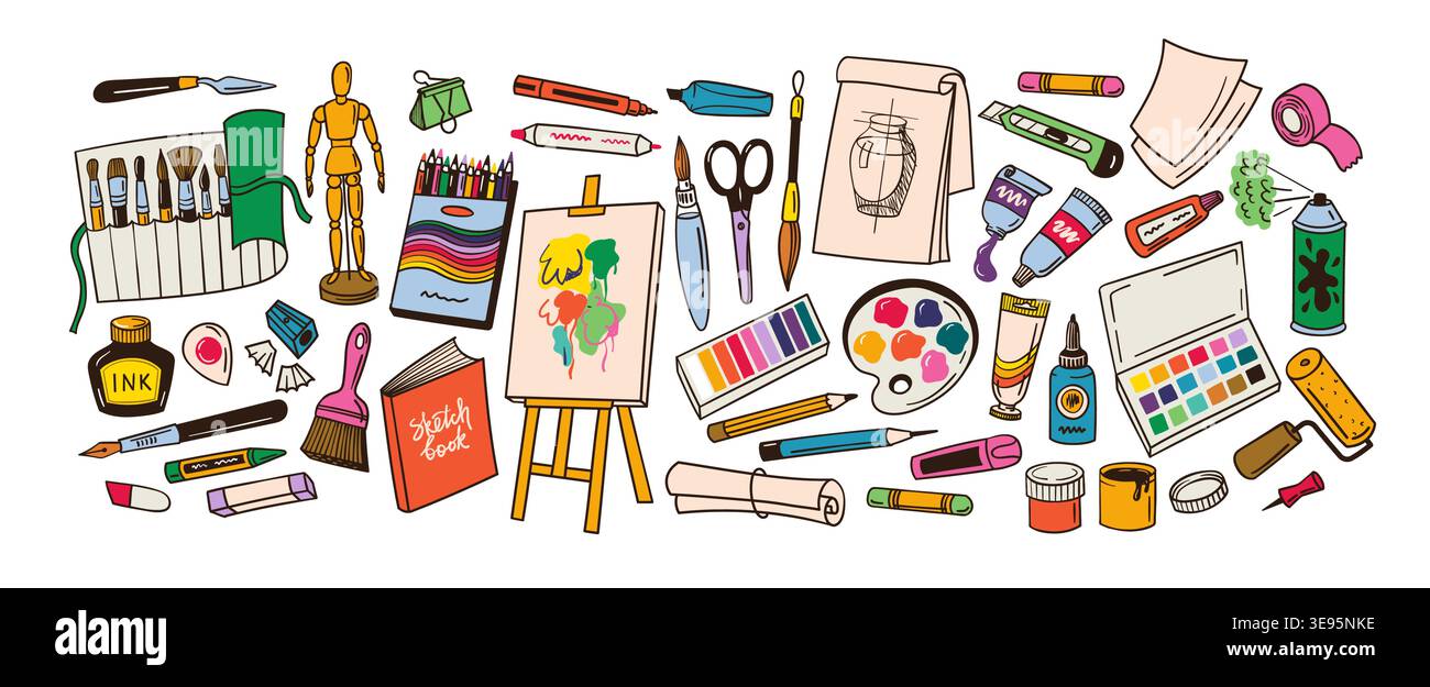 Forniture artistiche strumenti set colorato per pittura e disegno di artisti, pennelli vettoriali disegnati a mano, cavalletto, tavolozza, bozzetto, tubi di pittura, bottiglia d'inchiostro Illustrazione Vettoriale