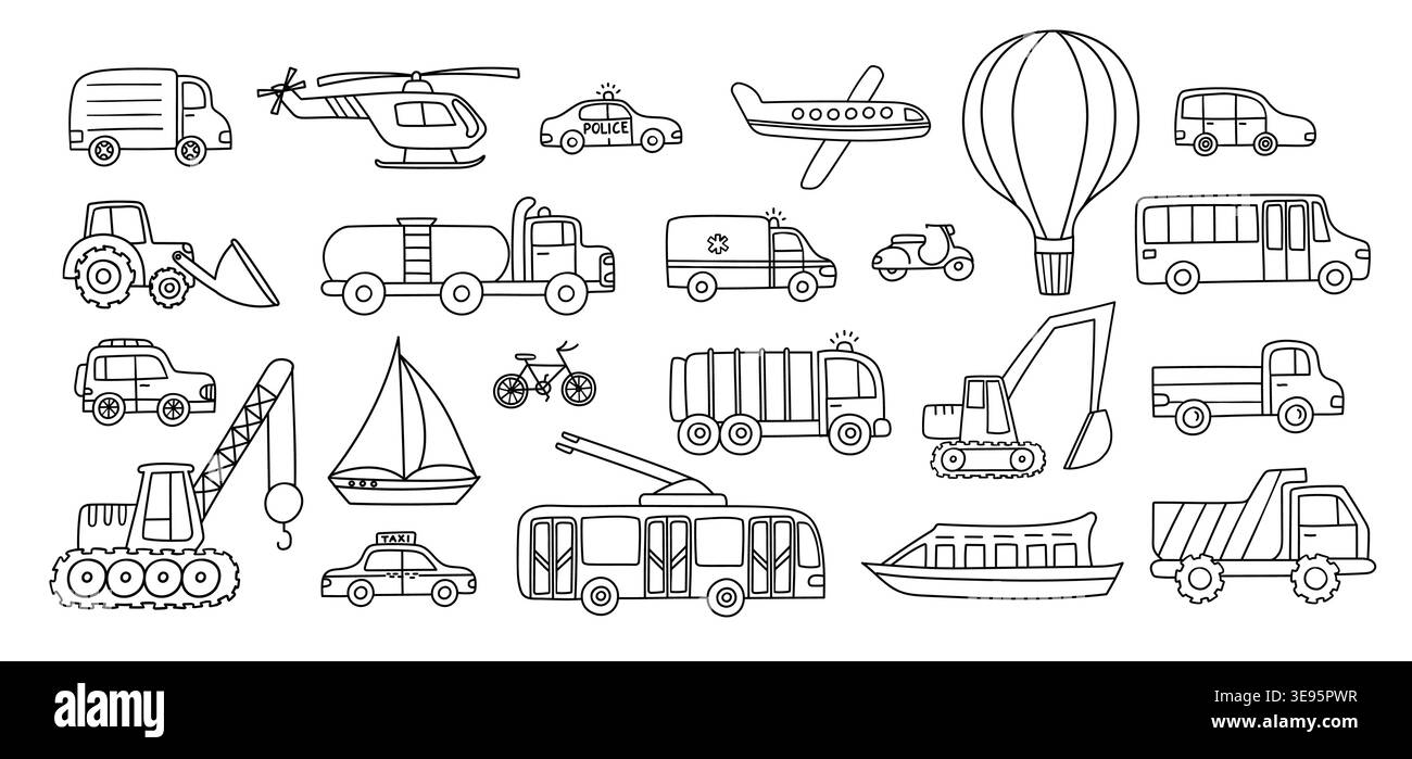 Set vettoriale per il trasporto con auto, camion, furgone, autobus, taxi, polizia, ambulanza, elicottero, aereo, pallone, bicicletta, scooter, barche e costruzioni Illustrazione Vettoriale