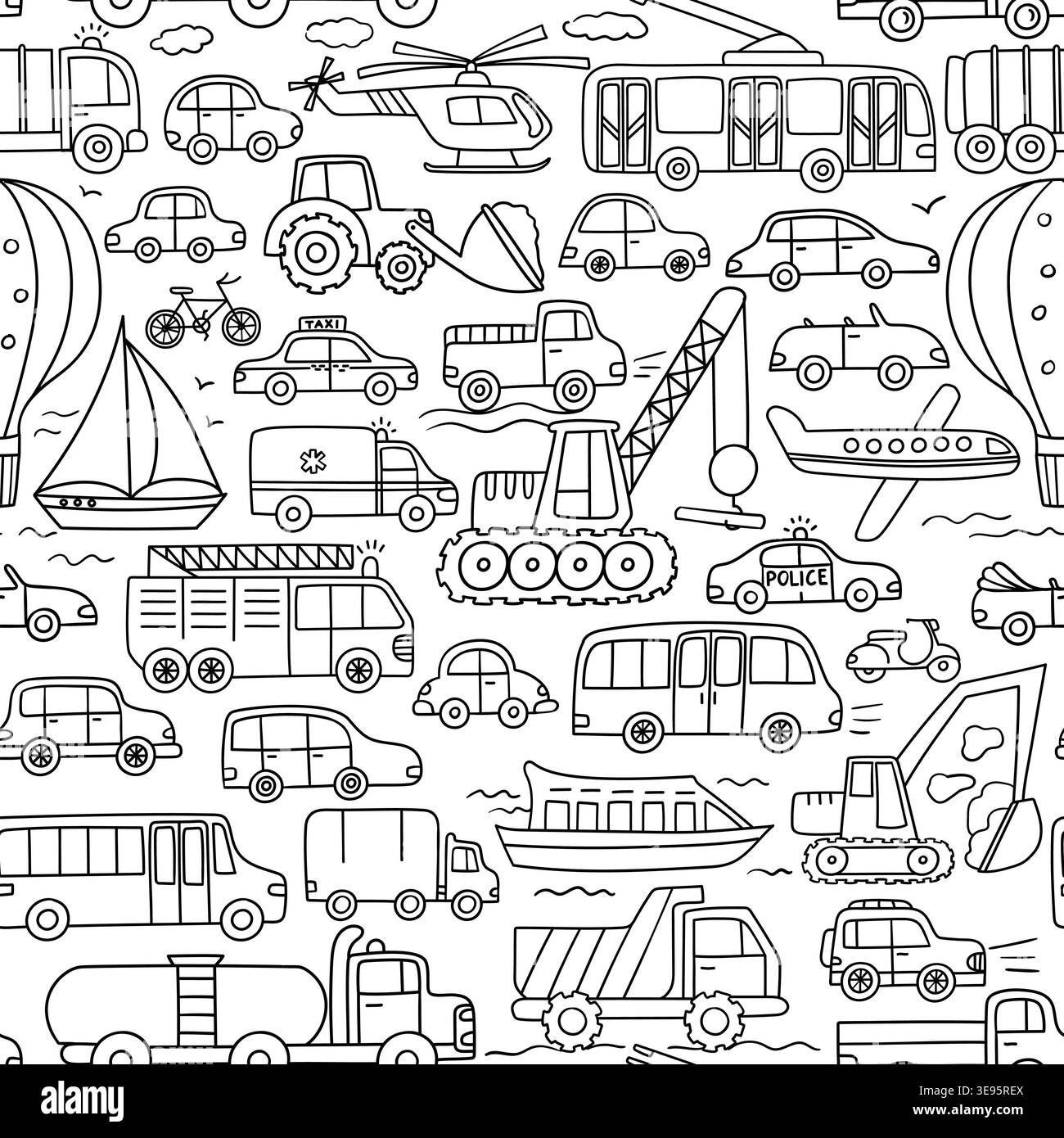 Trasporto senza soluzione di continuità con vagoni, autobus, camion, taxi, polizia, ambulanza, elicottero, aereo e barca, veicolo monocromatico disegnato a mano Illustrazione Vettoriale