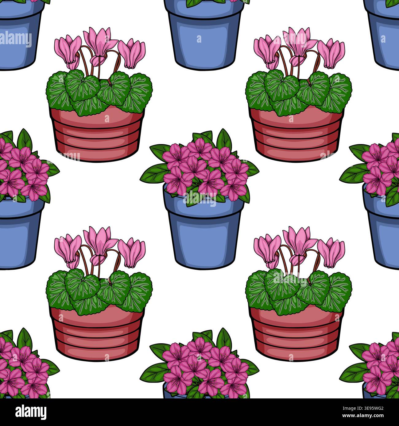 Motivo vettoriale senza cuciture di fiori ciclamini rosa in vaso con foglie verdi, isolati su sfondo bianco. Illustrazione Vettoriale
