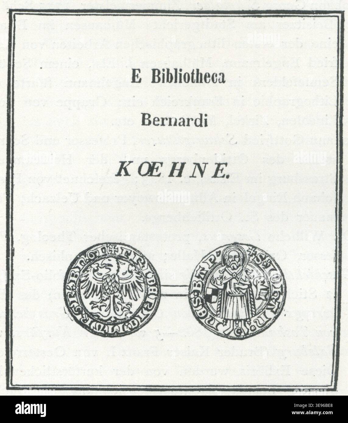 Bernhard von Koehne (1817–1887) è stato un araldista e numismatico russo. La registrazione fotografica d'archivio documenta un'exlibris associata a Koehne, creata da un autore sconosciuto prima del 1886, conservando elementi di design araldici. Foto Stock