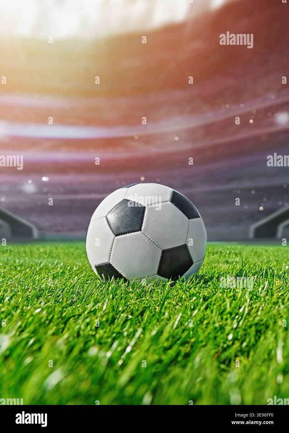 palla sul campo verde con la luce del sole nello stadio di calcio. pronto per il gioco a centrocampo - grande poster con spazio per le copie. Foto Stock