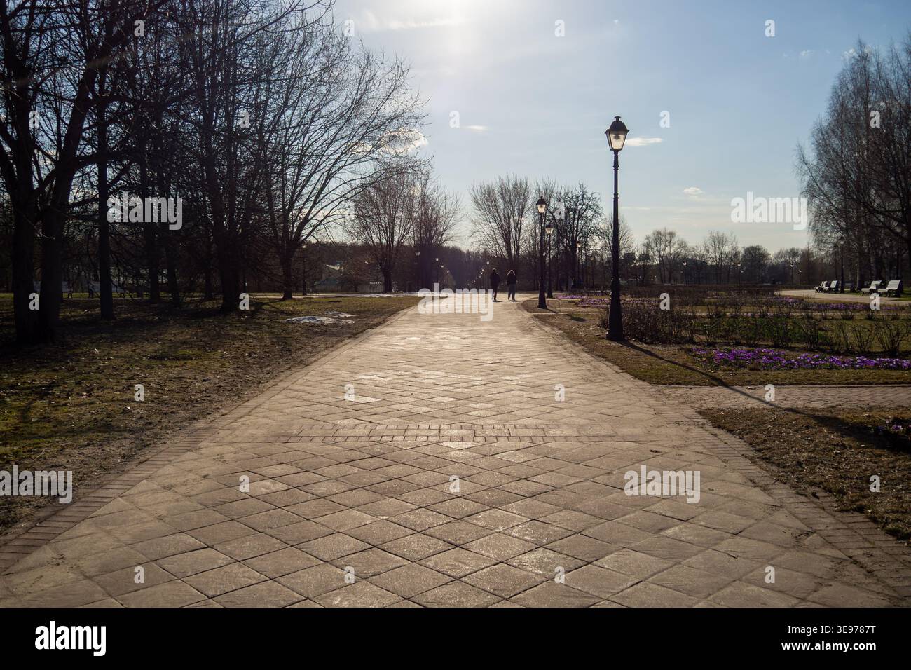 Marciapiede illuminato con motivi d'ombra e piastrelle decorative Foto Stock