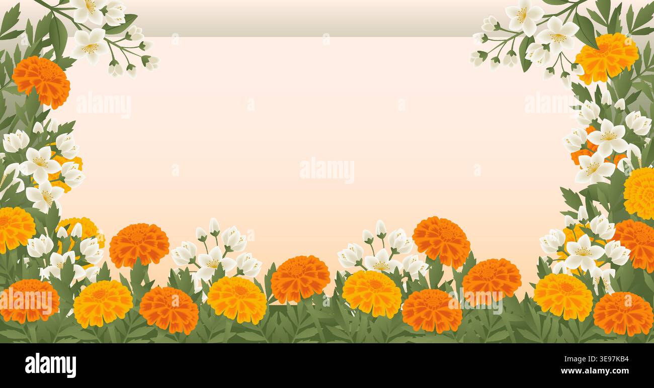 Illustrazione vettoriale orizzontale con una cornice floreale con calendula arancioni e fiori di gelsomino bianchi con spazio di copia su sfondo chiaro. Illustrazione Vettoriale