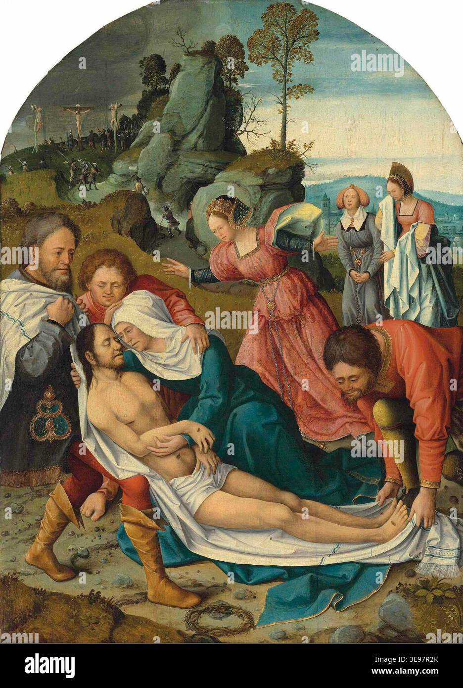 Maestro della leggenda di Santa Maria Maddalena (fl. Tra il 1480 e il 1537) creò il "Lamentazione", un pezzo notevole per la sua profondità emotiva e la rappresentazione intricata del corpo di Cristo dopo la crocifissione. La versione ritagliata dell'immagine enfatizza le espressioni dolorose e le figure dettagliate delle figure in lutto. Foto Stock