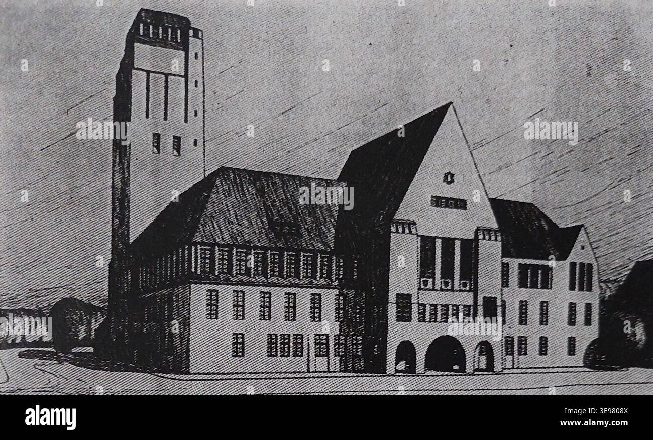 Heinz Stoffregen è stato un architetto tedesco attivo all'inizio del XX secolo. La stampa fotografica storica documenta il suo progetto del 1908 per il Rathaus e la torre dell'acqua a Delmenhorst. Foto Stock