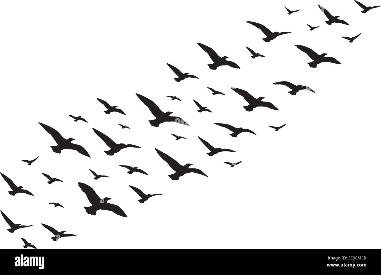 Grande stormo di silouette di uccelli in volo isolate su sfondo bianco Illustrazione Vettoriale