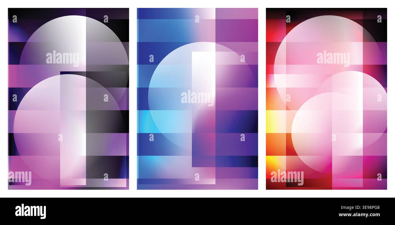 Composizione astratta colorata con forme geometriche e cerchi, con sfumature fluide in viola, blu e rosso per una moderna opera d'arte digitale Illustrazione Vettoriale