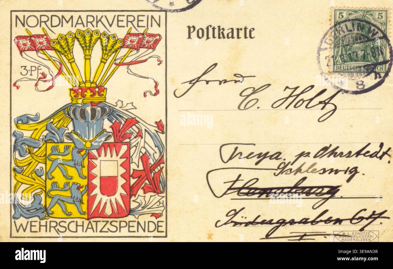 Johann Holtz (1875–1944) era un individuo tedesco identificato attraverso una cartolina datata inviata nel 1913 in riferimento alla Wehrschatzspende Nordmarkverein, uno sforzo di raccolta fondi nella Germania imperiale. L'immagine di archivio registra una stampa fotografica storica del lato anteriore di una cartolina con testo stampato ed elementi di design postali. Foto Stock