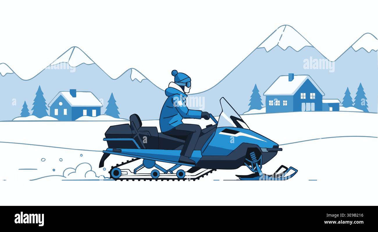 La persona guida una motoslitta blu attraverso un paesaggio invernale innevato con montagne e case, raffigurate in uno stile vettoriale piatto. Illustrazione Vettoriale