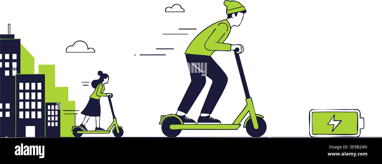 L'illustrazione grafica vettoriale raffigura persone che guidano scooter elettrici attraverso una città moderna, sottolineando la mobilità urbana sostenibile con energia verde. Illustrazione Vettoriale