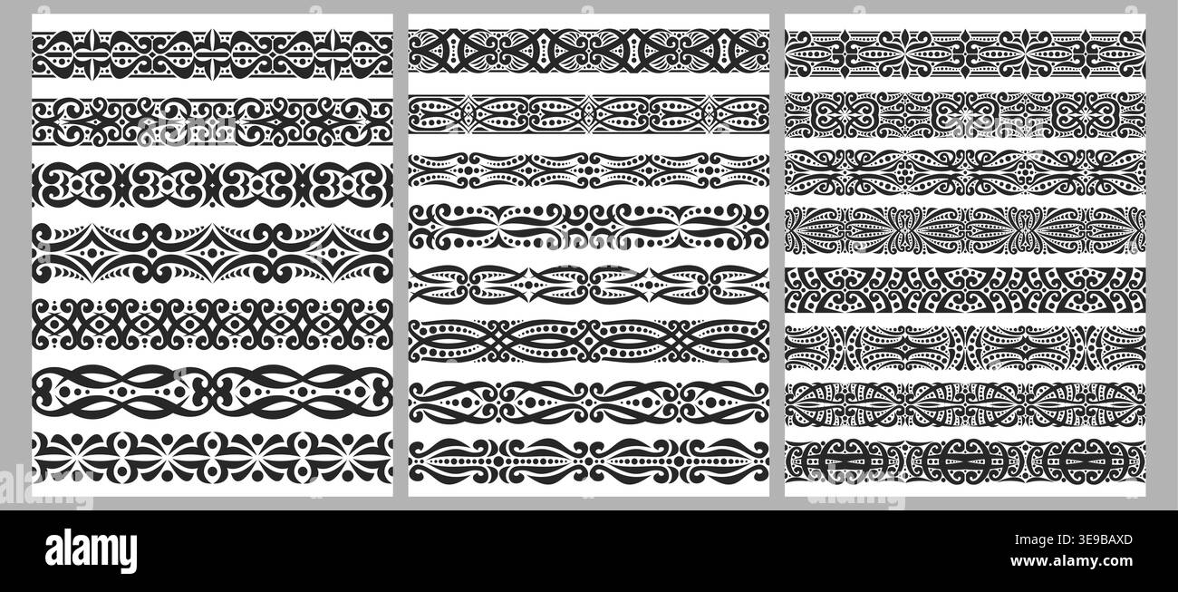 Set vettoriale di bordi neri senza cuciture, collezione di nastri ripetuti illustrazioni di stili diversi, elementi di design monocromatici con ricci e punti, Illustrazione Vettoriale