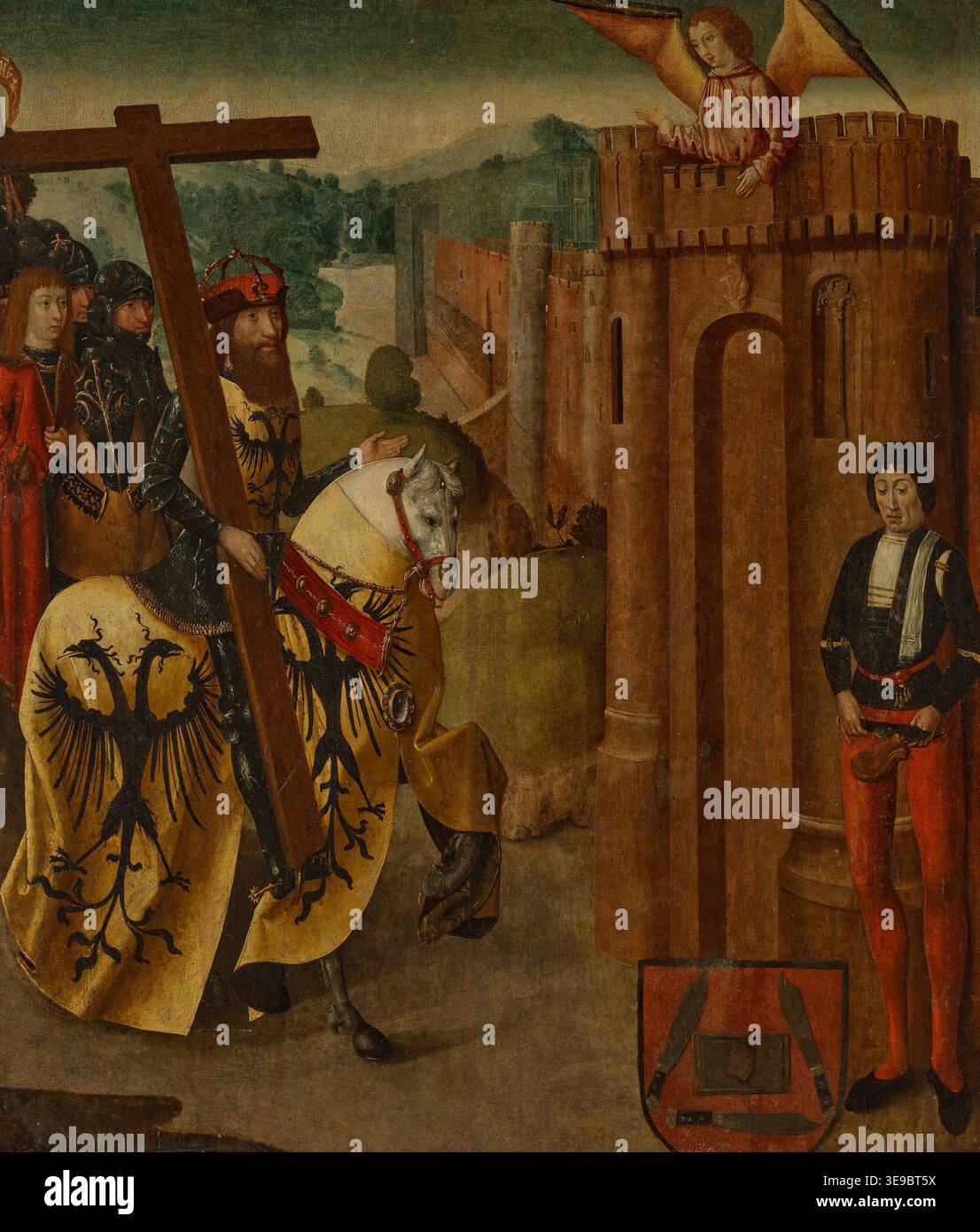 Il Maestro dell'Adorazione di Torino (fl. 1490–1510) è stato un pittore del Rinascimento settentrionale noto per le sue pale d'altare religiose. Questa opera, *l'imperatore Eraclio recante la vera Croce*, raffigura una scena biblica in cui l'imperatore Eraclio, negato l'ingresso a Gerusalemme da un angelo, reca la vera Croce, illustrando temi di umiltà e di intervento divino. Foto Stock