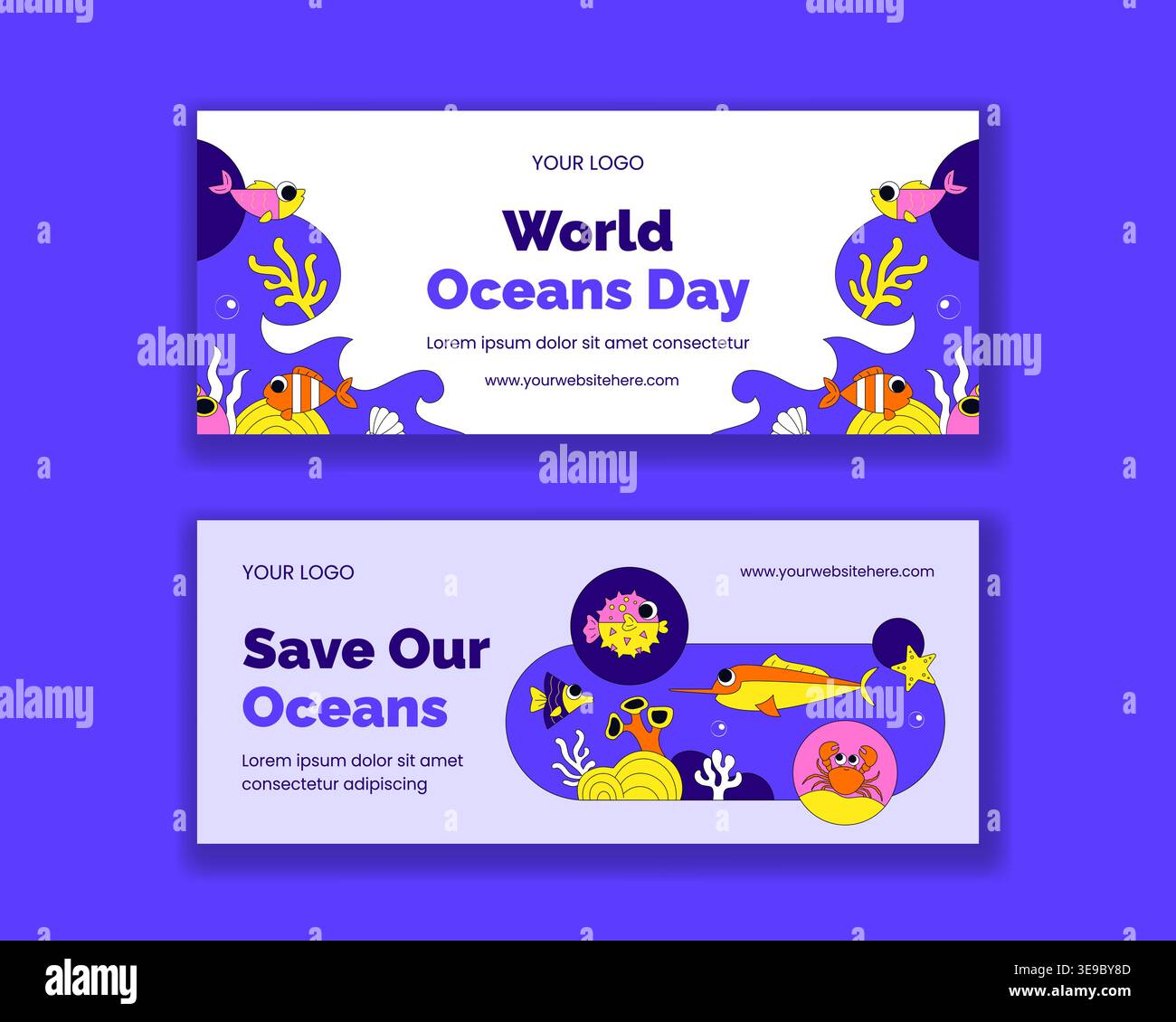Sfondo del banner per i social media disegnato a mano su un cartone animato della giornata mondiale dell'oceano Illustrazione Vettoriale