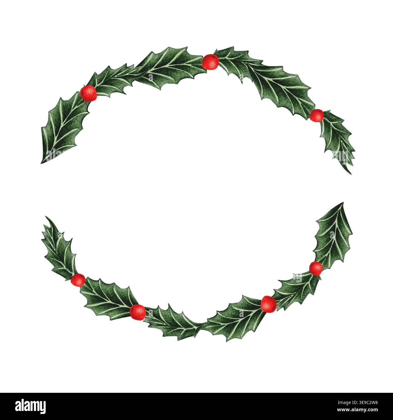 Una corona di agrifoglio natalizia con foglie verdi e bacche rosse che formano una cornice ovale. Illustrazione acquerello con spazio per il testo. Foto Stock