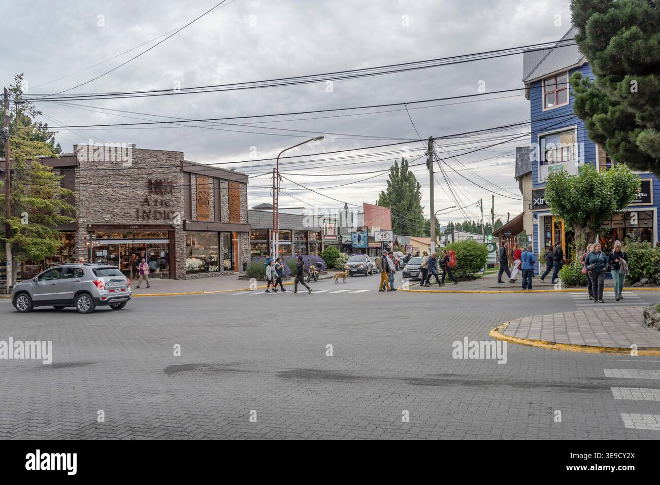 EL CALAFATE, 2026 gennaio 26; paesaggio urbano editoriale in tempo di passeggiata su Avenida del Libertador con cane di paglia in mezzo alla strada, girato in estate brillante c Foto Stock