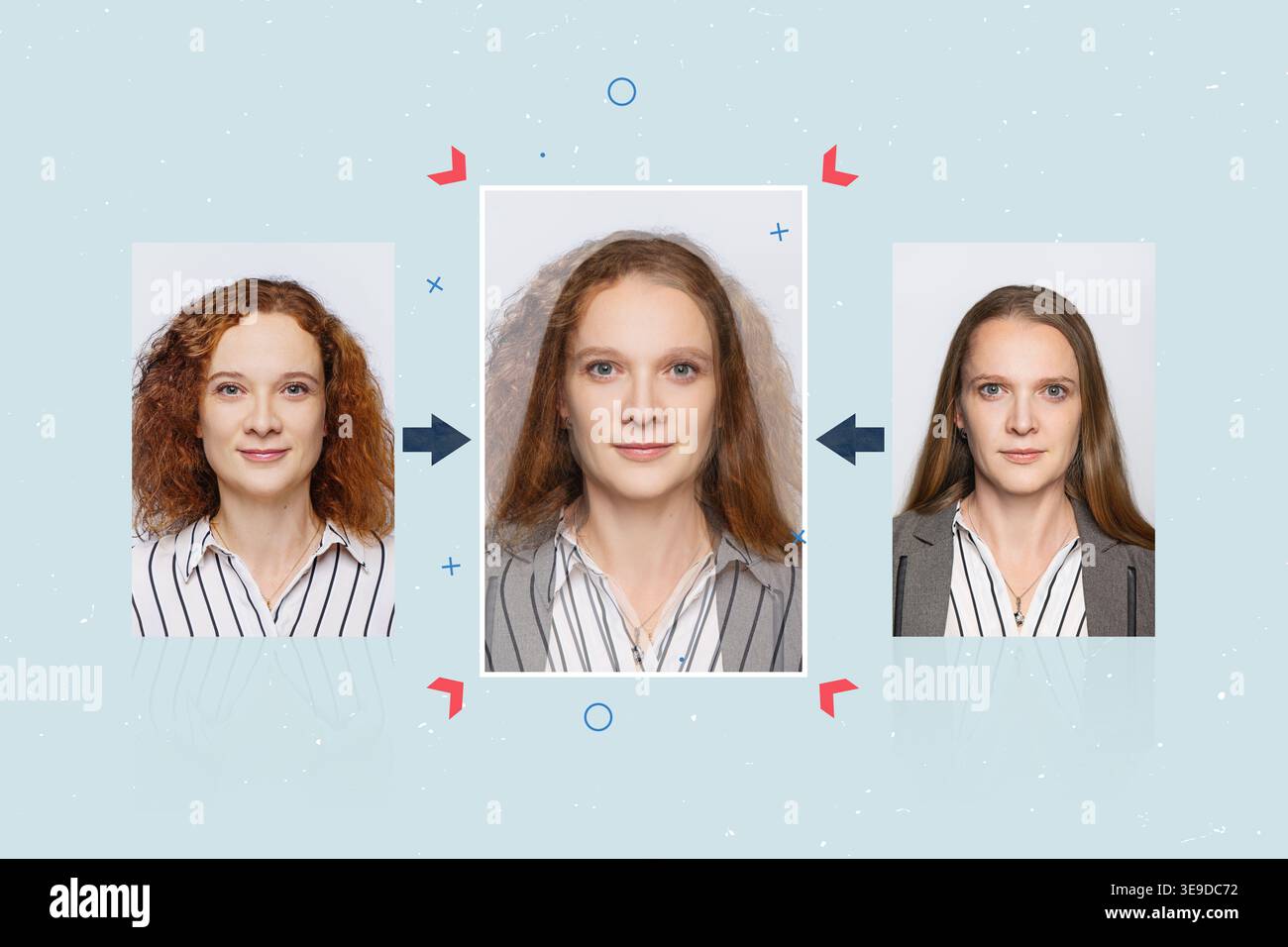 Esempio di morphing - 2 persone su una carta d'identità falsa Foto Stock