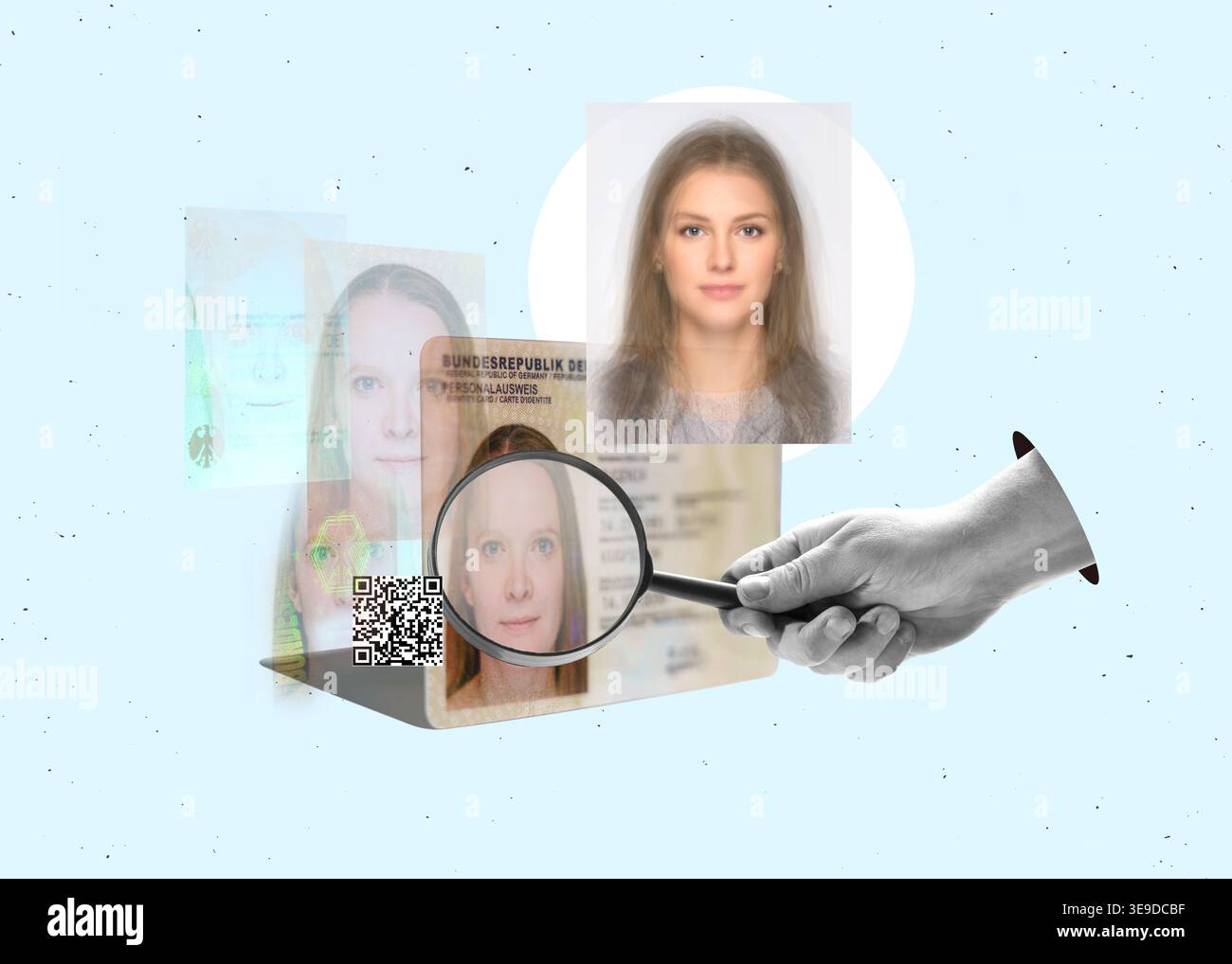 Collage artistico. Tecnologia biometrica scansione digitale del volto forma di una nuova e moderna carta d'identità tedesca e una mano con una lente d'ingrandimento alla ricerca di falsi o m Foto Stock