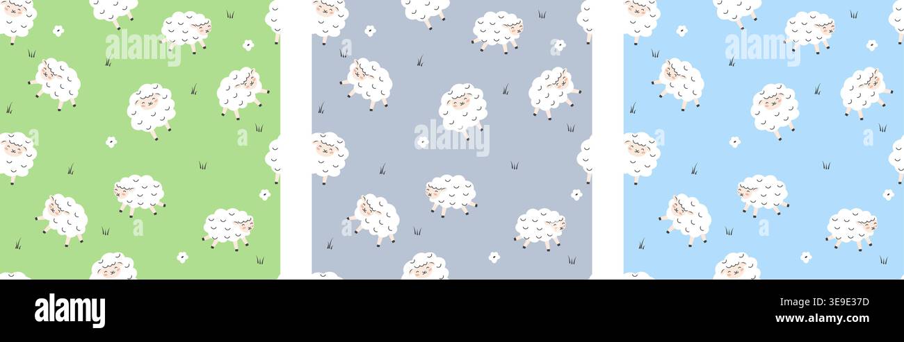 Set di tre graziose pecore senza cuciture su sfondi verdi, grigi e blu, adorabili agnelli che saltano nel prato con erba e fiori, perfetti per i bambini Illustrazione Vettoriale