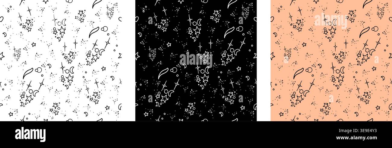 Set di tre motivi celesti senza cuciture con stelle disegnate a mano, lune, comete su sfondo bianco, nero e pesca, magiche texture cosmiche per bambini Illustrazione Vettoriale